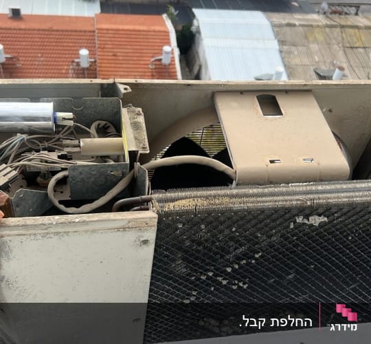 יחידת מזגן חיצונית עם חלקים חשופים על גג בניין